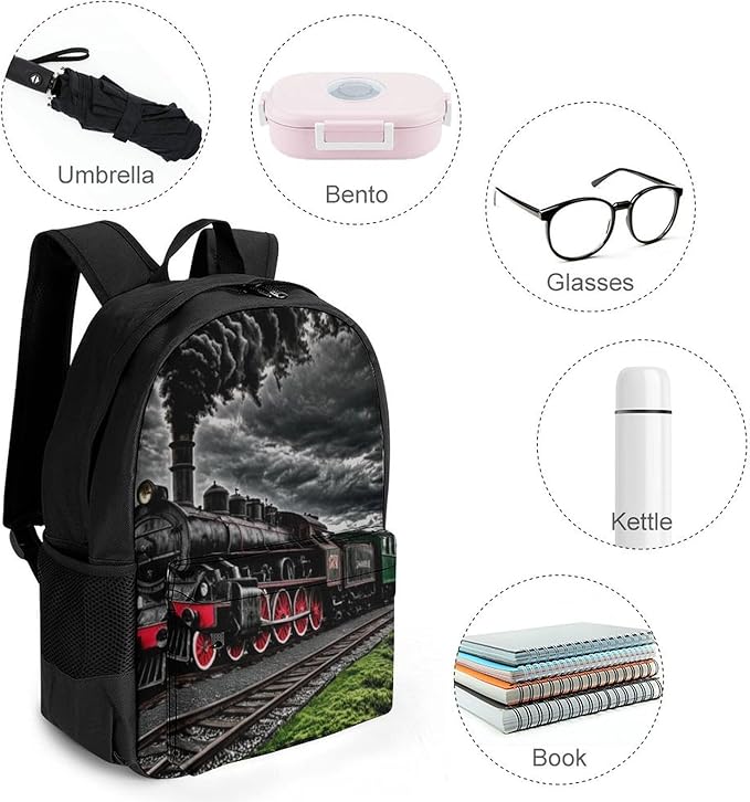 Polyester Daypack Backpack for Climbing Outdoors Running, Big Capacity Multipurpose Anti-Theft Bookbag, Old Train Dark Sky Travel Hiking Camping Rucksack
