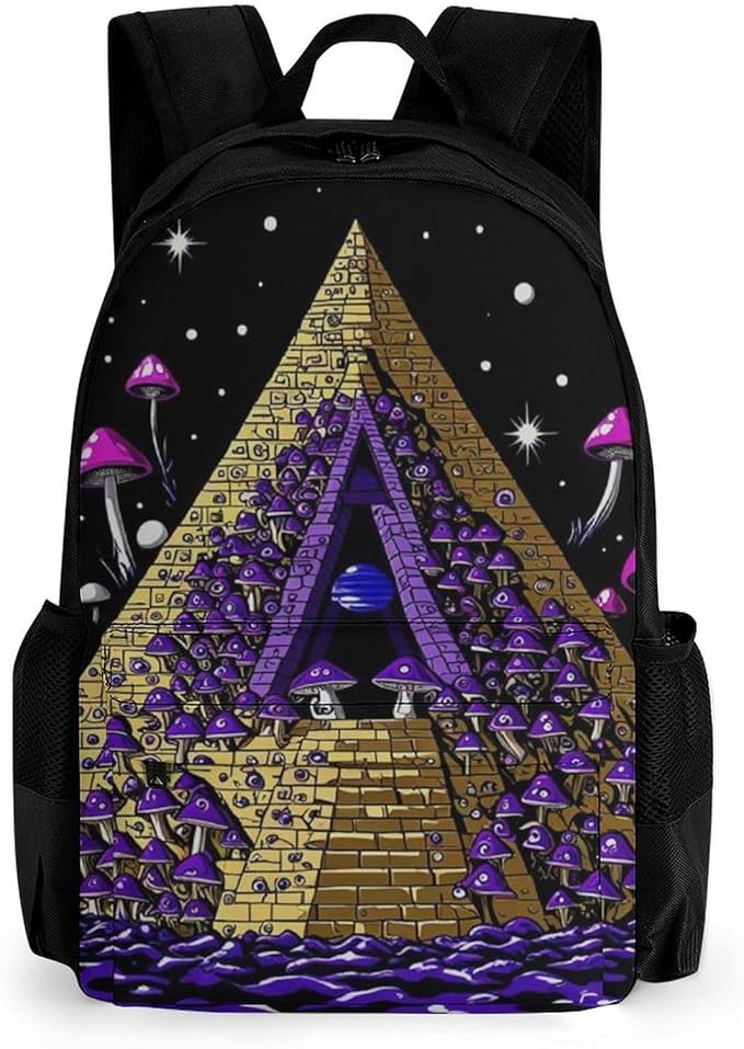 Men Women Polyester Trippy Magic Pyramid Mushrooms Universe Art Daypack Big Capacity Shoulder Bag With Smooth Zippers for Hiking Work Walking Cycling