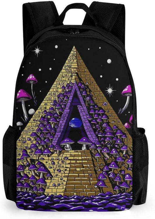 Men Women Polyester Trippy Magic Pyramid Mushrooms Universe Art Daypack Big Capacity Shoulder Bag With Smooth Zippers for Hiking Work Walking Cycling