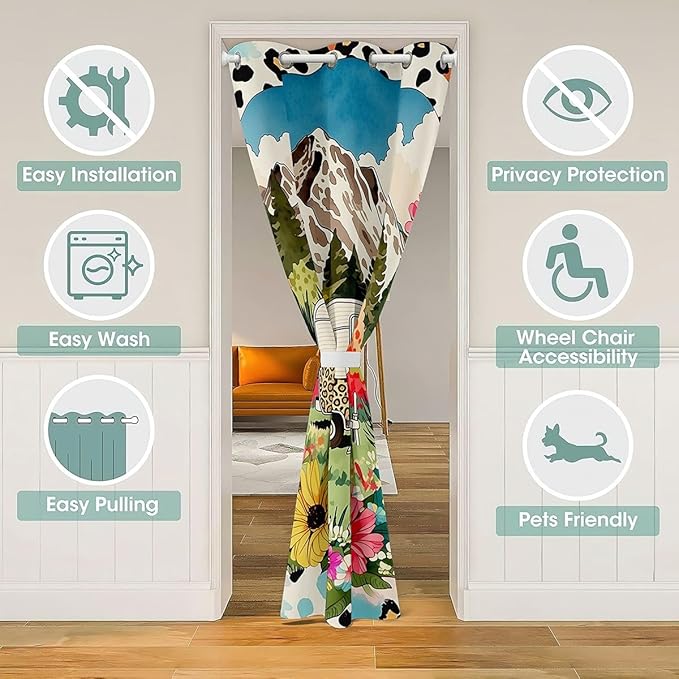 Happy Camping Doorway Curtains Privacy for Kids - Colorful Spring Floral Blackout Curtain Retro Leopard Print RV Camper Closet Door Curtain Wild Cheetah Skin Pattern Room Divider Drape 34"W x 80"L