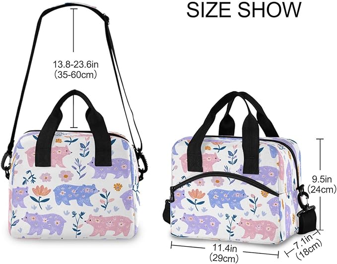 ALAZA Bear Flower Pattern Lunch Box for Men Women Adults Insulated Lunch Bag Cooler Bag with Adjustable Shoulder Strap for Work Picnic Travel