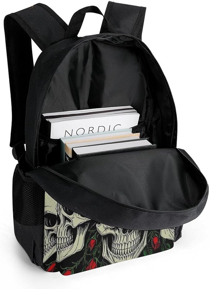 Shoulder Book Bags Polyester Multipurpose Anti-Theft Skull Red Rose Florals Art Carry On Bag Large Capacity Travel Hiking Camping Rucksack