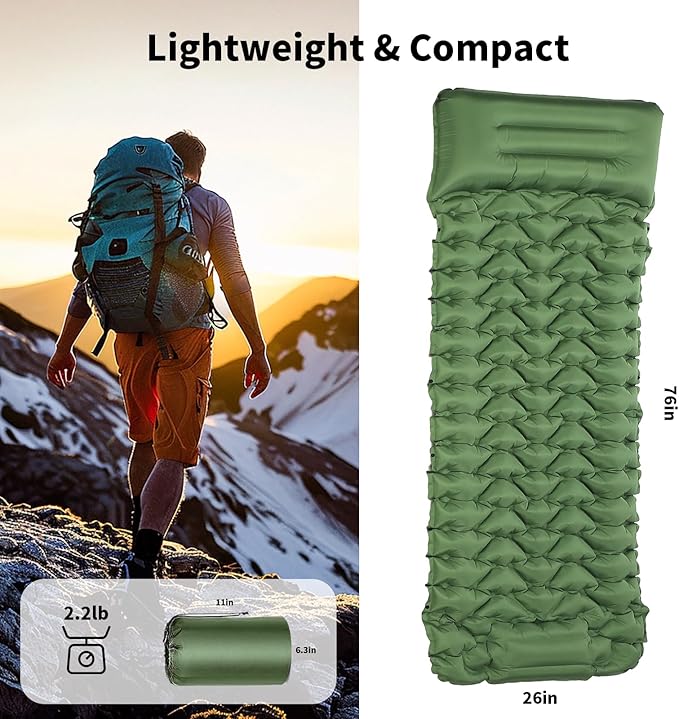 Camping Sleeping Pad,Self Inflating Sleeping Pad with Pillow Built-in Foot Pump, Ultralight Portable Inflatable Sleeping Pads for Outdoor Camping, Backpacking,Hiking,Tents,Includes Carry Bag