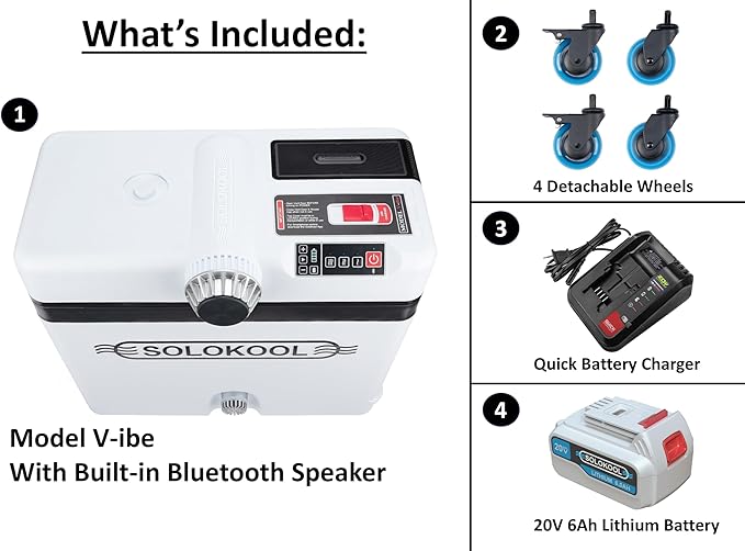 SoloKool Model V-ibe - Injection Molded Cooler, Portable Air Conditioner, & 35 Watt Bluetooth Speaker, 3-in-1 Design