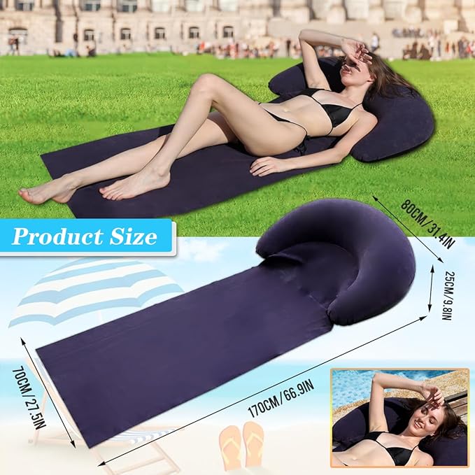 Inflatable Beach Mat Lounge Chair, Outdoor Sunbathing Sleeping Pad with Inflatable Pillow, Portable Flocking Beach Lounge Chair, Suitable for Lawn, Outdoor Camping, Travel, Beach Vacation (Navy)