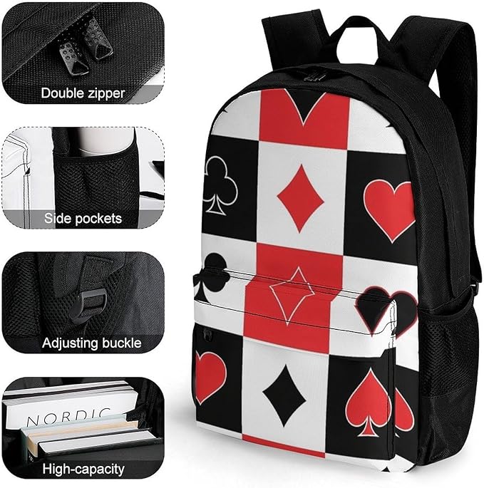 Lightweight Rucksacks for Climbing Outdoors Walking Cycling, Large Capacity Anti-Theft Multipurpose Carry On Bag, Poker Suits Hearts Diamonds Spades Grid Playing Cards Camping Outdoor Backpack