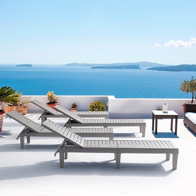 Nestl Patio Chairs - Grey Chaise Lounge Chair Outdoor, 5-Position Adjustable Sun Tanning Chair, Waterproof Pool Lounge Chairs Set of 4, Reclining Lawn Chair, Lightweight Outdoor Lounge Chairs