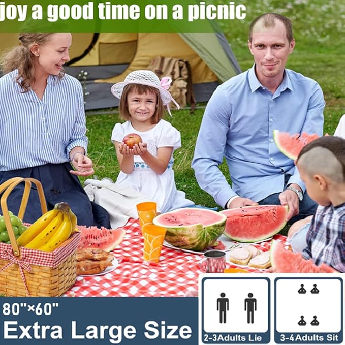 Picnic Blanket|Beach Mat|Picnic Blanket for Indoor and Outdoor, 80" x 60" Sandproof Waterproof Larger Mat for Beach, Travel, Camping, Hiking, Park Grass,Handy Mat Tote, Foldable. (Red Plaids)