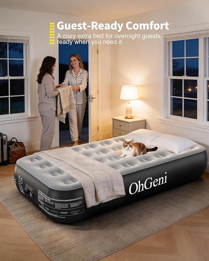 OhGeni Twin Camping Air Mattress Bed with Built in Pump, Family Choice Award Winner, 13" Raised Inflatable Blow up Mattress, Portable Foldable Bed with Upgraded Surface for Home & Outdoor, 300lbs
