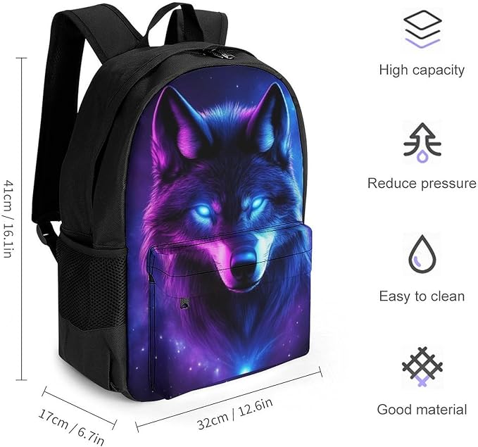 Men Women Polyester Purple Universe Galaxy Magic Wolf In The Space Casual Daypack Large Capacity Carry On Bag With Adjustable Shoulder Straps for Camping Work Running