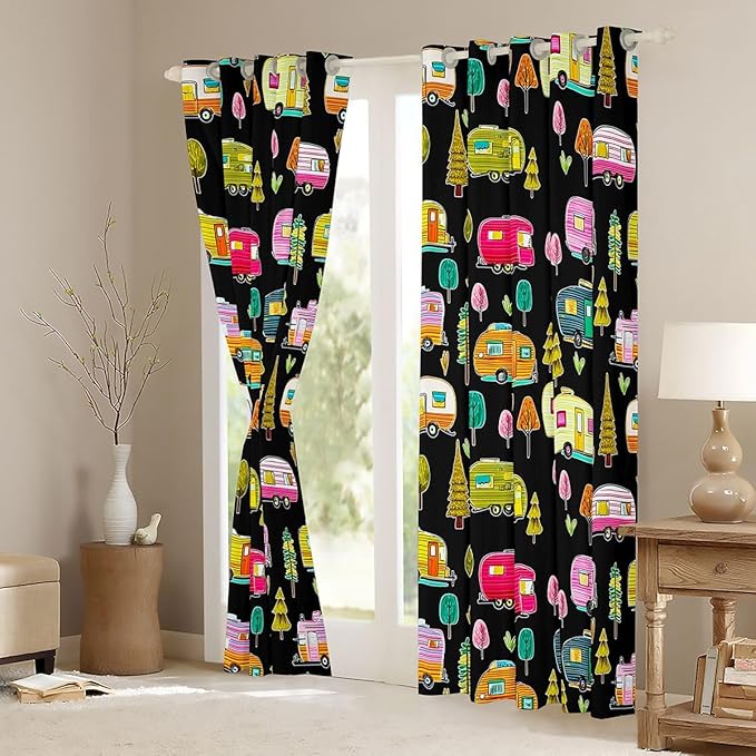 Feelyou Black Camper Camping Curtains for Bedroom Living Room RV Travel Trailer Blackout Shades Camping Theme Room Darkening Curtain Window Treatments, 2 Panels 52 x 84 Inch Decor