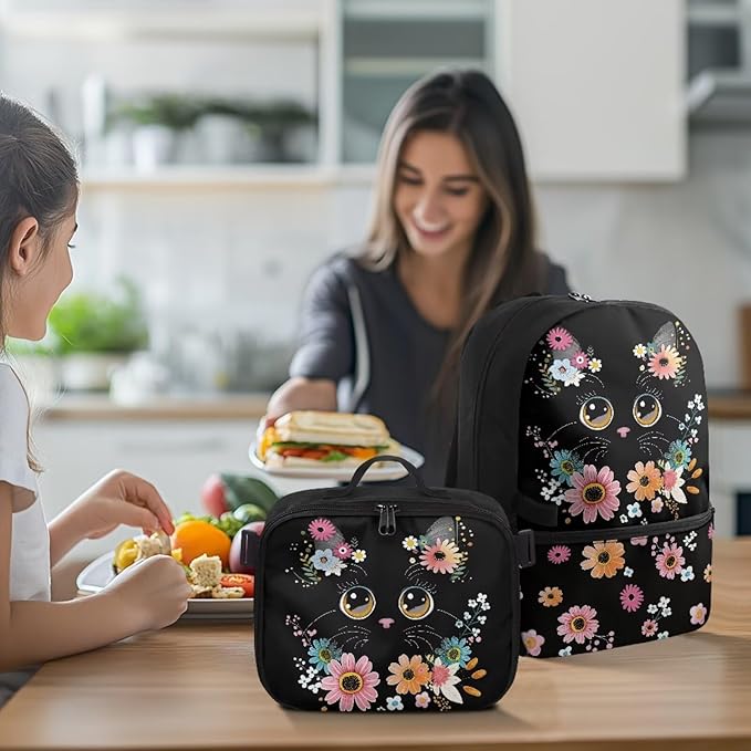 HUGS IDEA Floral Cat Backpack for Girls Cute Bookbag for Kids School Backpack for Girls with Lunch Box Lightweight School Bag for Elementary Students Hiking Rucksack