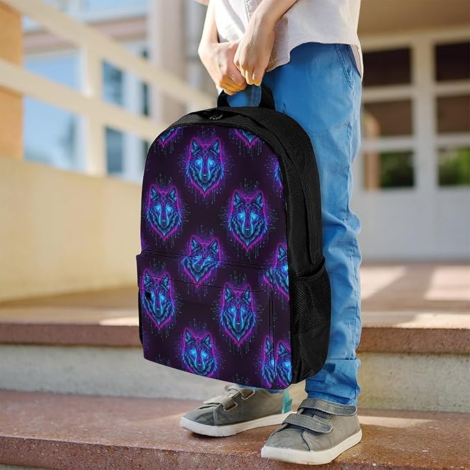 Supdreamc Polyester Daypack Backpack for Sports Travel Running, Big Capacity Anti-Theft Multipurpose Carry On Bag, Neon Wolf Laptop Book Bag Rucksack