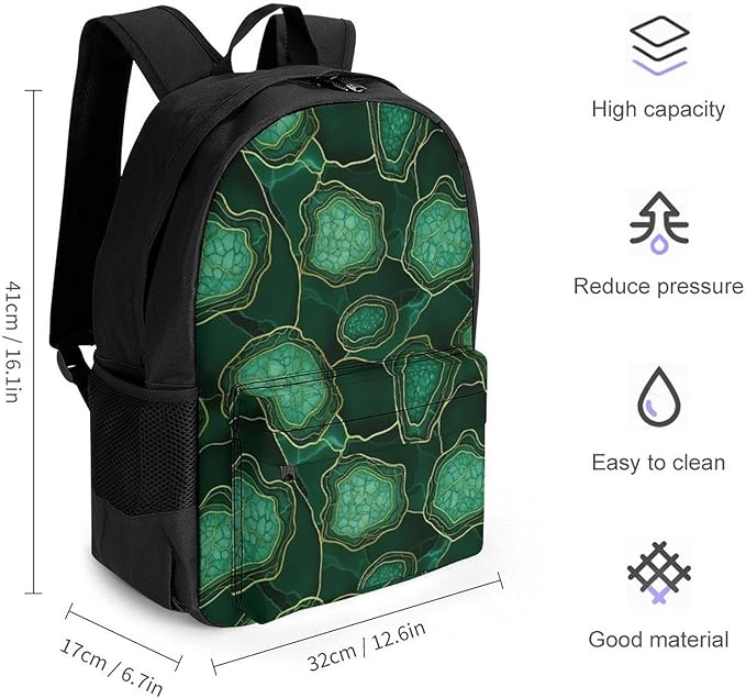 Supdreamc Lightweight Backpack for Gym Travel Bicycle, Big Capacity Multipurpose Anti-Theft Carry On Bag, Emerald Marbled Gold Glitters Green Marble Travel Hiking Bag Day Pack