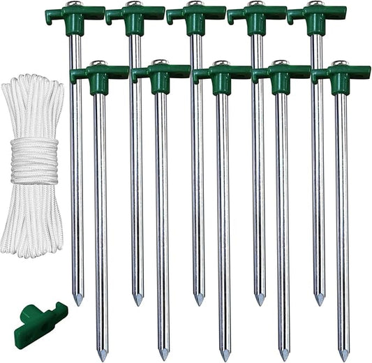 ABCCANOPY 15 Inch Tent Stakes 10 Pcs Non-Rust Metal Ground Anchors, Heavy Duty Spikes with 4 Ropes for Outdoor Camping, Green