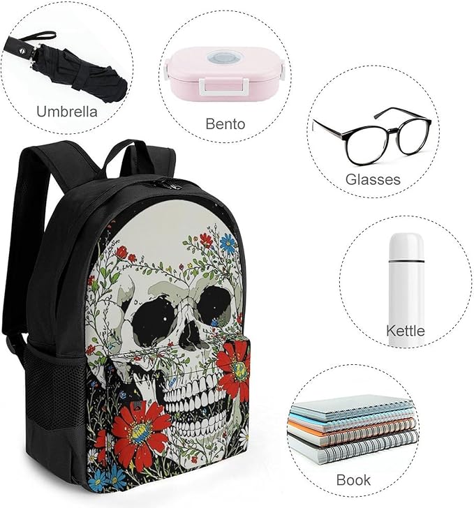 Supdreamc Adults Lightweight Psychedelic Skull Skeleton Floral Art Rucksacks Large Capacity Bookbag With Adjustable Shoulder Straps for Trekking Outdoors Bicycle