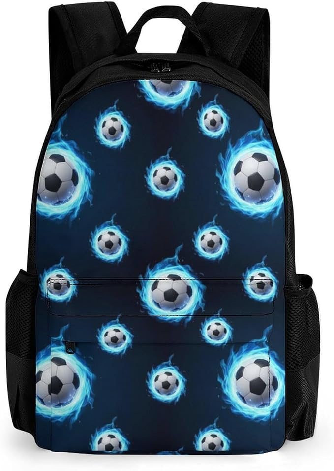 Stylish Outdoor Backpack Gym Bag with Large Capacity for College, Blue Fire Flame Soccer Football College Bookbag