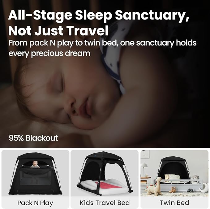 Blackout Sleep Tent for Pack and Play, Toddler Travel Bed, Kids Air Mattress & Cot, CPC Certified Baby Sleep Pod with Fan Pouch Breathable Portable & Easy Setup