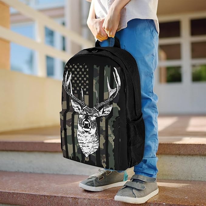 Supdreamc Rucksacks Lightweight Multipurpose Anti-Theft Camo Camouflage American Flag Hunting Cool Deer Black Shoulder Bag Big Capacity Traveling Camping Backpack With Side Pockets