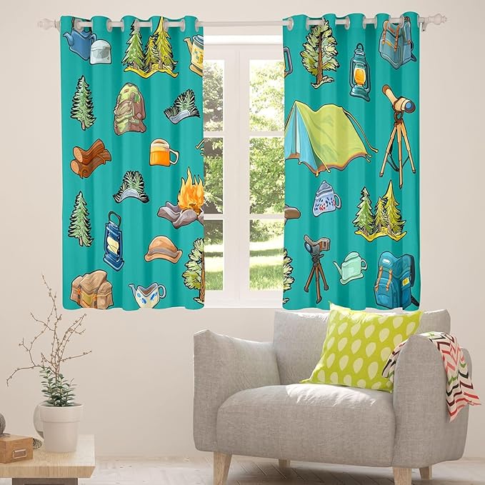 Feelyou Green Camper Theme Blackout Curtains Happy Camping Darkening Drapes for Bedroom Living Room Decor Adventure Camper Thermal Insulated Shades Window Treatments, 2 Panels 52 x 63 Inch