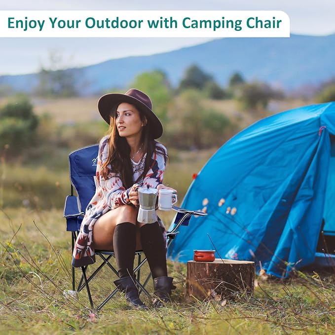 Outdoor Folding Camping Chair with Cup Holder, Storage Bag, Large Anti-Sink Feet, 325lbs Capacity, Breathable Mesh Portable Chair for Camping, Beach, Fishing, Sports, Blue 2Pack