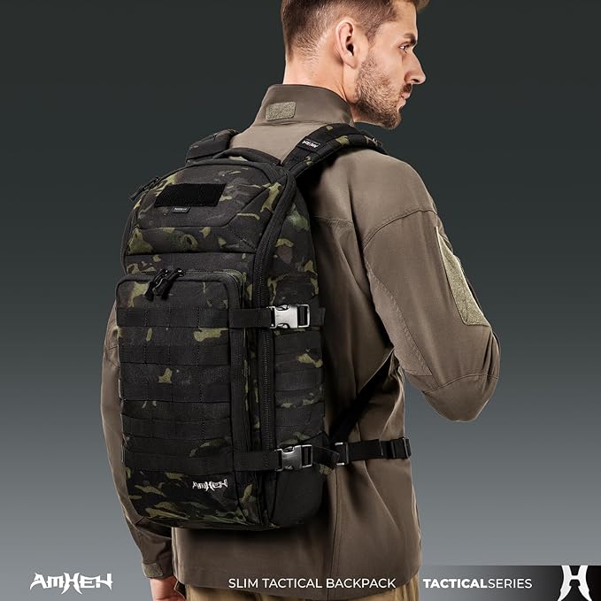 20L Slim Tactical Backpack - Suspended 13" Laptop Compartment, Rugged MOLLE Daypack for Everyday Carry, Work, Travel (Black Camo)
