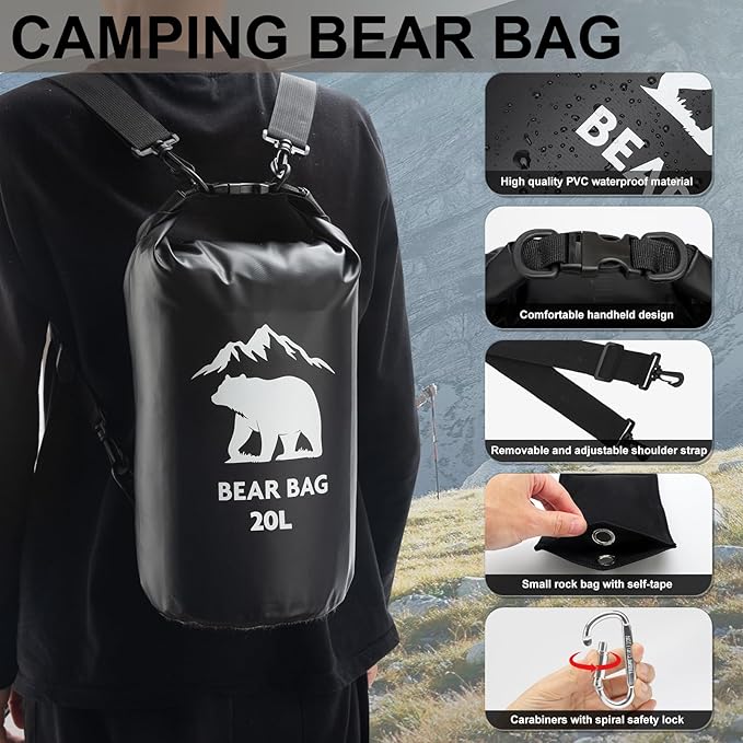 1 Set Bear Bags for Food Backpacking 20L Bear Food Bag Hanging System Bear Proof Food Storage Includes Waterproof Bear Bag, Rock Pouch, Hooks and Nylon Ropes for Camping Hiking (20L, Black)