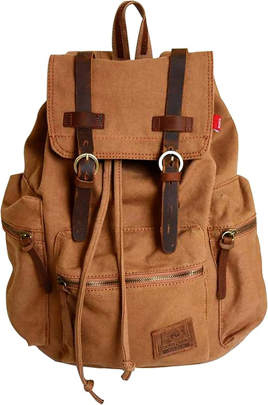 HuaChen Vintage Canvas Travel Backpack with Leather Trim, Laptop Padded Sleeve, Hidden Back Security Pocket, Fits 14-Inch, M32 Tan