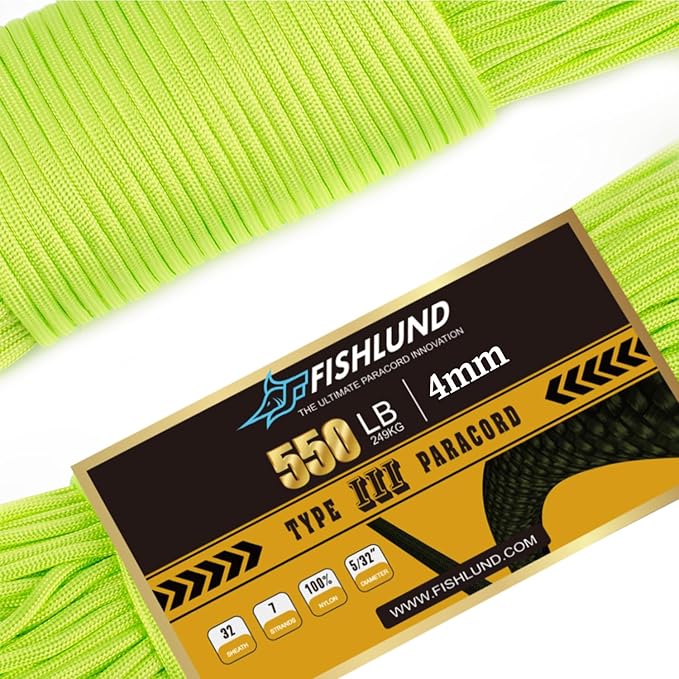 Paracord 550 lb, 7 Strand Paracord Rope 250ft 4mm, Nylon Parachute Cord for Camping, Neon Green