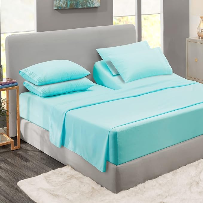 Clara Clark Flex Top King Sheets, 6 Piece Set - Hotel Luxury Sheets for Top Split King Bed, Super Soft Bedding Set, Head Split King Aqua Light Blue