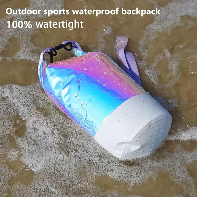10L PVC Holographic Waterproof Dry Bag, Double Shoulder Strap Beach Swimming Backpack, Crossbody Waterproof Bucket Bag for Kayaking, Boating, and Outdoor Sports (10L)