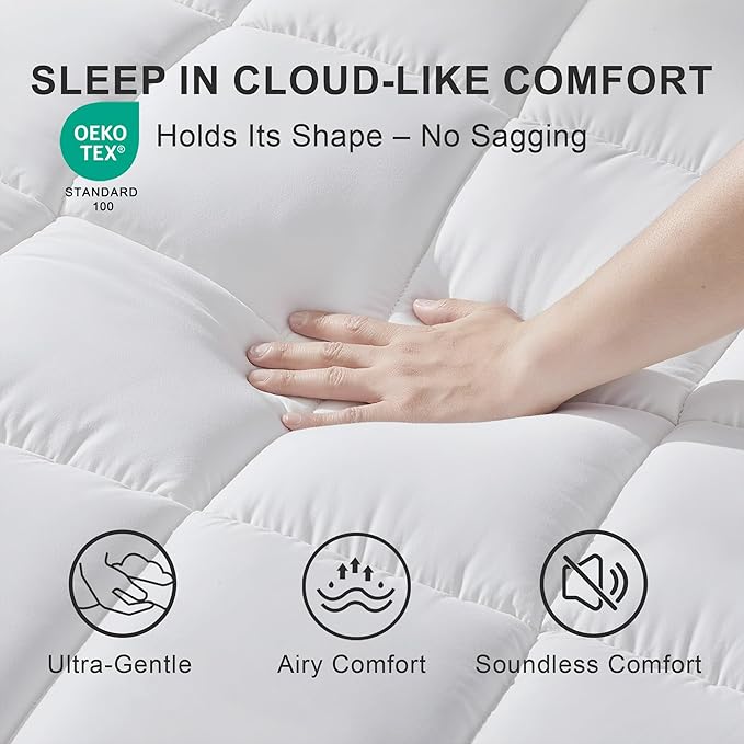 1 Inch Quilted Mattress Pad Pillow Top Mattress Cover Protector Cooling Soft for Breathable Padded Deep Pocket 8-21 Fitted Supportive(White,Full Size)
