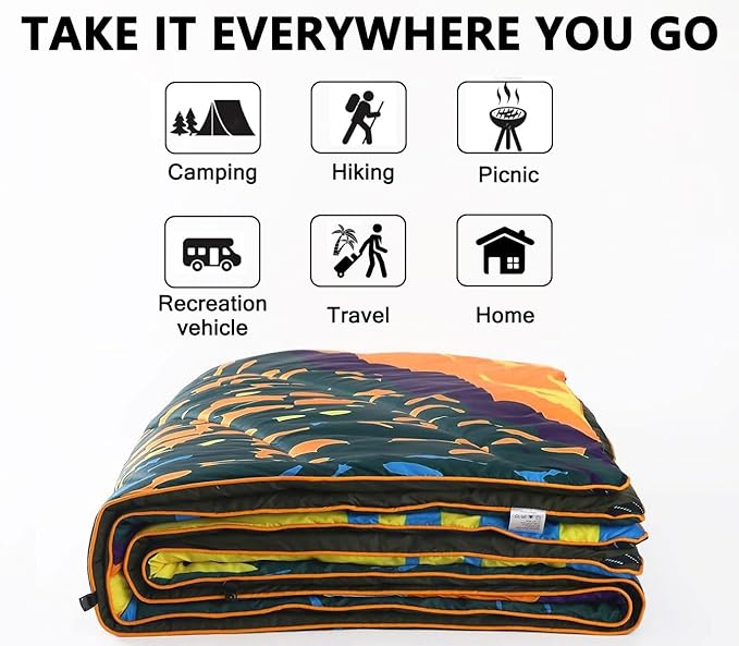 Camping Blanket, Puffy Waterproof Travel Blanket, Warm Cozy Picnic Blanket, for Outdoors, Travel, and Mountain.(Mountain, 78" x 56")
