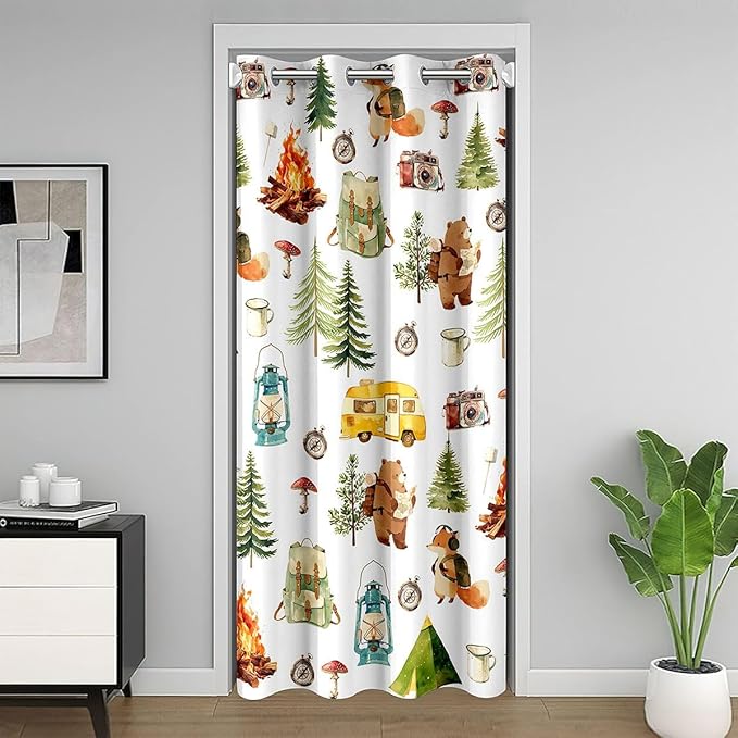 Happy Camping Door Curtain For Doorway Privacy - Campfire Cartoon Adventure Blackout Curtain Retro Camping Accessories RV Camper Door Drape Cute Woodland Animal Bear Fox Window Treatment 59"W x 80"L