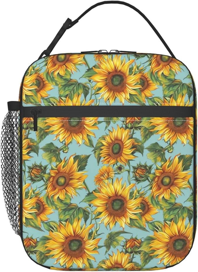 Reusable Sunflower Lunch Box for Kids Girls Boys Women Adult, Insulated Floral Lunch Bag,Polyester Cooler Flower Handbags Case for School Picnic Work Travel Beach or Hiking (Light Blue)