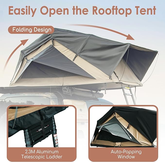 Rooftop Tent, Roof Top Tent for 2-3 Person, Blackout-Coated Polycotton & Oxford for UV Protection and Waterproof, with Aluminum Ladder, Skyview Window, Mattress, for Car/Truck/Jeep/SUV/Van