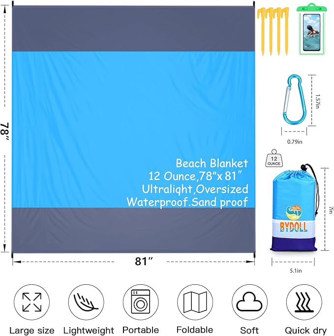 BYDOLL Beach Blanket Waterproof Sandproof Large 78''×81''/10'×9' Sand Free Oversized Sandless Picnic Mat Water Proof Packable Lightweight Blanket for Beach Camping Hiking Travel