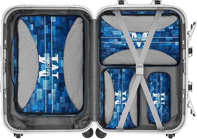 Custom Name 4 Pcs set travel luggage organizer Mesh Travel Essentials for Suitcases, Blue Geometric Pattern with Initial Letter