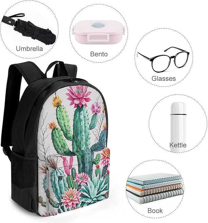 Men Women Polyester Natural Vintage Watercolor Bouquet Boho Style Cactus Succulent Flowers Twigs Daypack Backpack Large Capacity Carry On Bag With Smooth Zippers for Hiking Picnic Walking Cycling