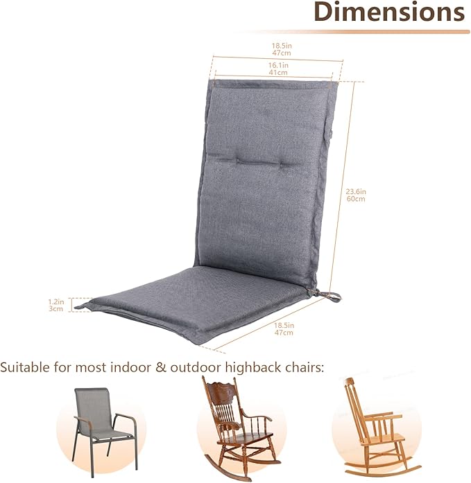 C-Hopetree Indoor High Back Rocking Chair Cushions for Glider and Swivel Rocker, Outdoor Replacement Highback Dining Seat Pads with Back Elastic and Ties, 18" x 42" x 1.5", Dark Grey, Set of 2