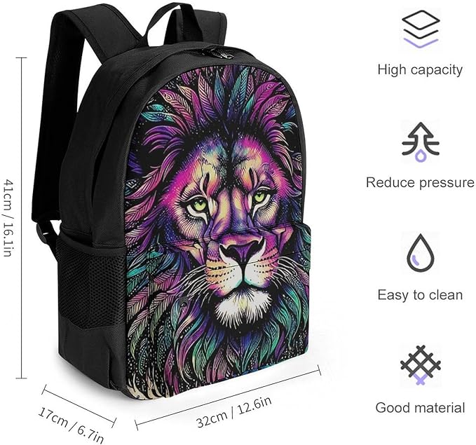 Supdreamc Polyester Daypack Bookbag for Gym Business Bicycle, Large Capacity Multipurpose Anti-Theft Carry On Bag, Colorful Lion Galaxy Art Travel Hiking Daypack