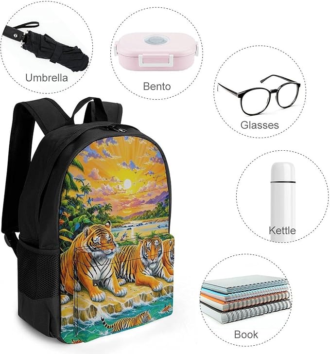 Rucksack Polyester Anti-Theft Multipurpose King Of The Tiger Tropical Rainforest Landscape Jungle Parrot Birds Carry On Bag Large Capacity Travel and Sport Backpack Rucksack With Smooth Zippers