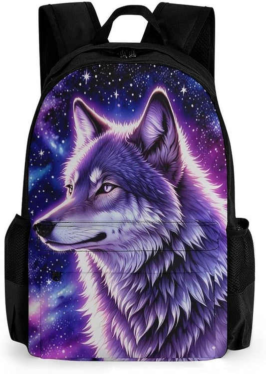 Men Women Lightweight Blue Universe Galaxy Magic Wolf In The Space Backpack Large Capacity Bookbag With Smooth Zippers for Gym Business Running
