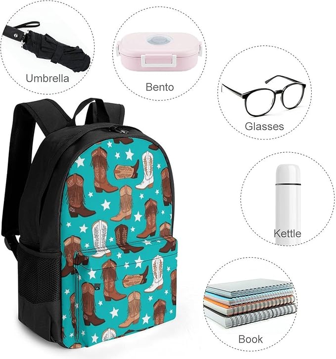 Daypack Bookbag Anti-Theft Multipurpose Large Capacity Bookbag, Beautiful Colorful Teal Cowboy Boots Travel Hiking Camping Rucksack With Adjustable Shoulder Straps