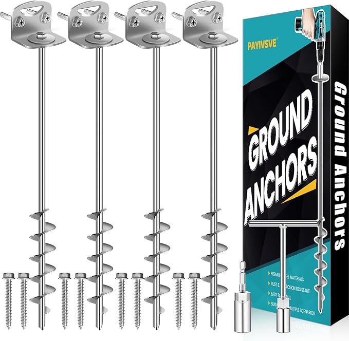 25" Ground Anchors Screw in, Mobile Home Anchors with Upgraded Wider Spiral Blades, Earth Shed Anchor High Wind Heavy Duty for Graden, Storage Shed, Trampoline, Carports, Swing Set(Silver-4x25in)