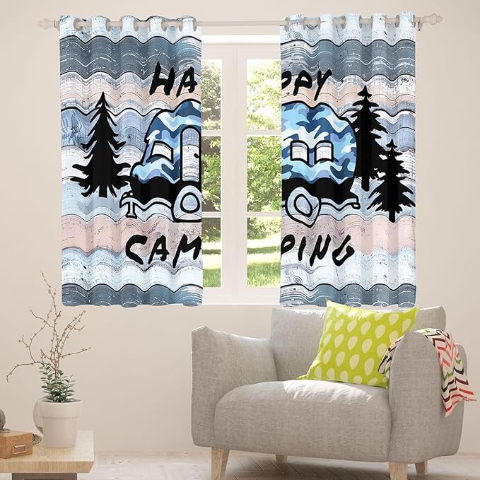 Camper Adventure Kids Blackout Curtains,RV Trailer Pine Tree Natural Rustic Nursery Bedroom Playroom Decor,Wooden Plank Cottage Farmhouse Window Drapes,Camo Blue 2 Panels,52Wx63L inch