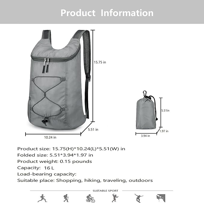 16L Lightweight Foldable Hiking-Backpack Small Packable-Daypack For Travel,Ultralight Water-Resistant Gym Bag Men Women Easy Carry-on (Gray)