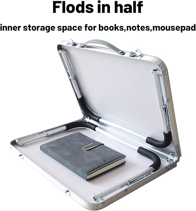 Foldable Laptop Table, Bed Desk, Breakfast Serving Bed Tray, Portable Mini Picnic Table & Ultra Lightweight, Folds in Half with Inner Storage Space (Pink)