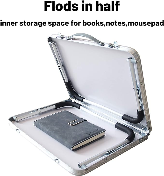 Foldable Laptop Table, Bed Desk, Breakfast Serving Bed Tray, Portable Mini Picnic Table & Ultra Lightweight, Folds in Half with Inner Storage Space (Bamboo Wood Grain)