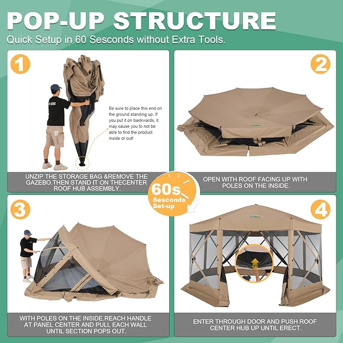 COBIZI 15x15 FT Pop Up Gazebo - Canopy Tent, Large Gazebos On Clearance,Instant Screened in Gazebo,carpas para Patio,Portable Screen Tents for 12-15 Persons Outdoor Camping, Backyard,Khaki